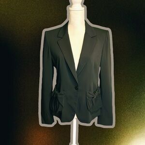Donna Karan Collection Black Wool-Blend Bow Pockets Single Button Blazer Size 10